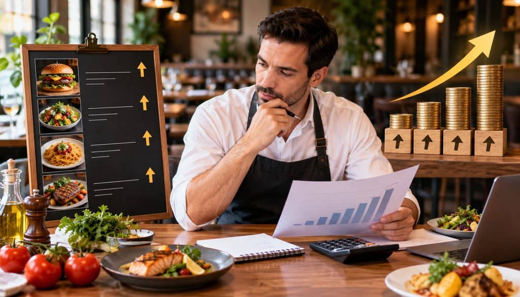 Restaurant owner reviewing menu price increases and cost trends
