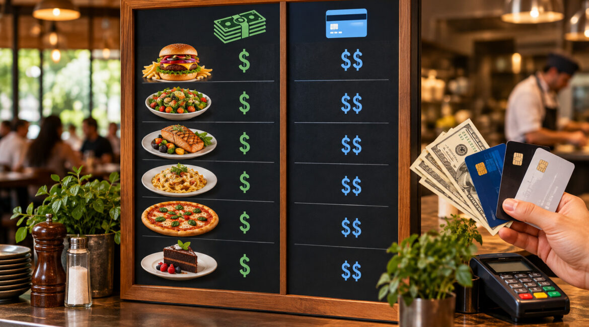 Cash and card pricing menu board in a restaurant