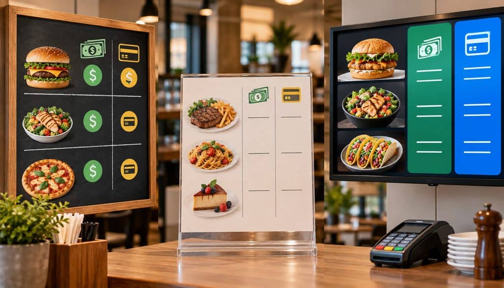 Three cash and card price layout options for restaurant menus