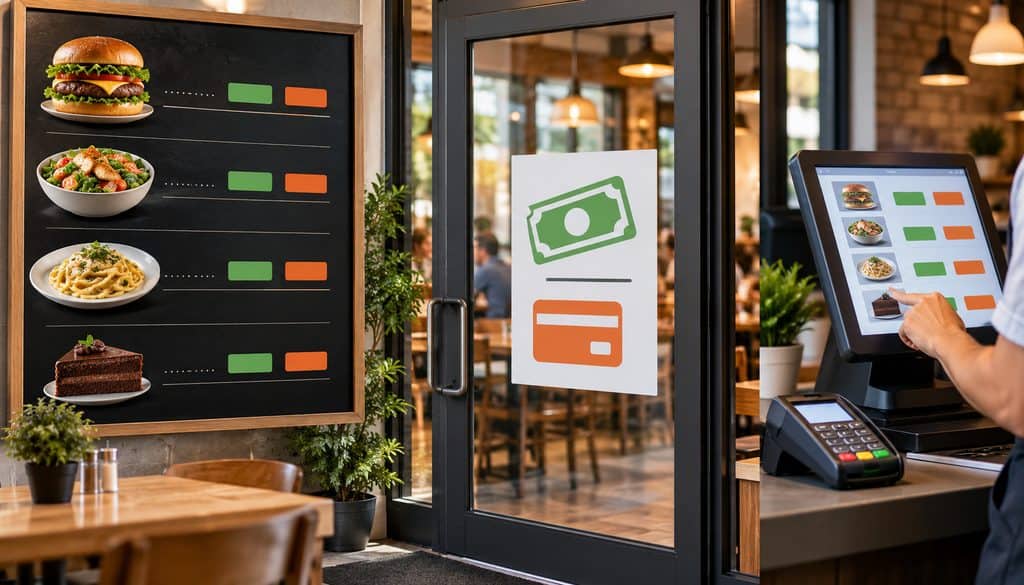 Restaurant menu, entrance door, and register showing cash and card pricing