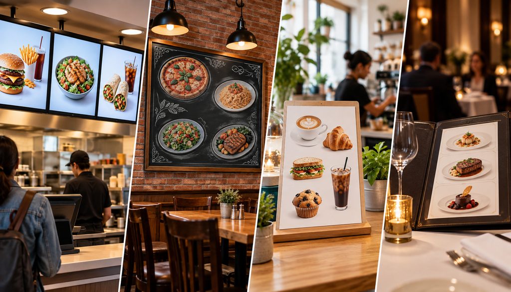 Restaurant menu layouts across quick-service, casual dining, café, and fine dining formats